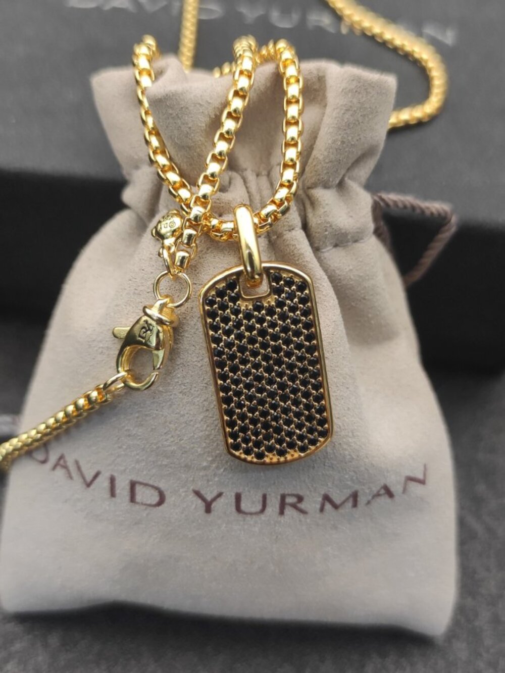 David Yurman Gold Black Diamond Dog Tag Necklace